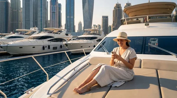 A woman on a yacht's sundeck in Dubai Marina looking at her phone