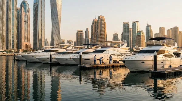 Motor yachts moored at Dubai Marina with the Cayan Tower behind at golden hour
