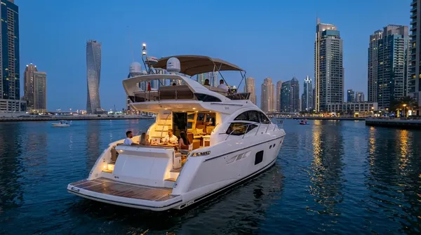 A white motor yacht with guests dining on the aft deck in the Dubai Marina canal at blue hour, Cayan Tower behind