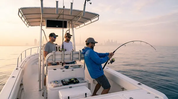 Three friends fishing from a small sport-fishing boat off Dubai at sunrise