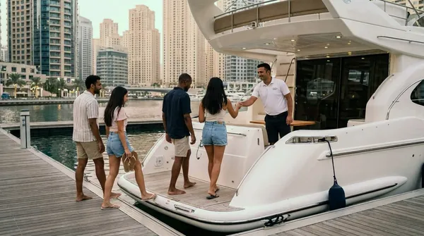A crew member welcoming barefoot guests aboard a yacht at Dubai Marina
