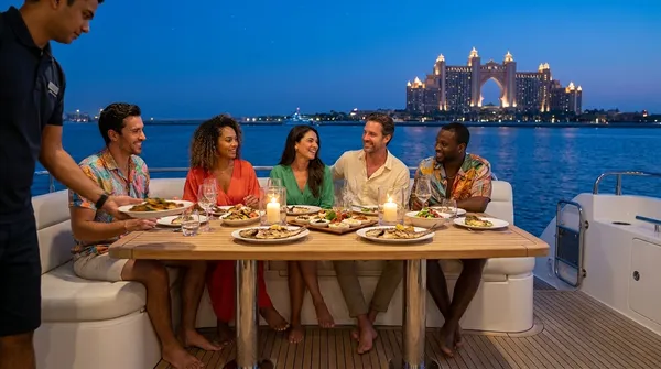 Friends at dinner on the aft deck of a yacht at dusk, with Atlantis The Palm lit up behind