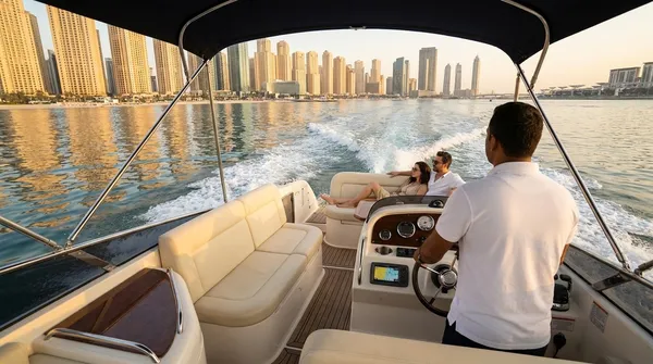 A captain at the helm of a small motorboat with two guests relaxing at the stern, JBR towers behind at golden hour