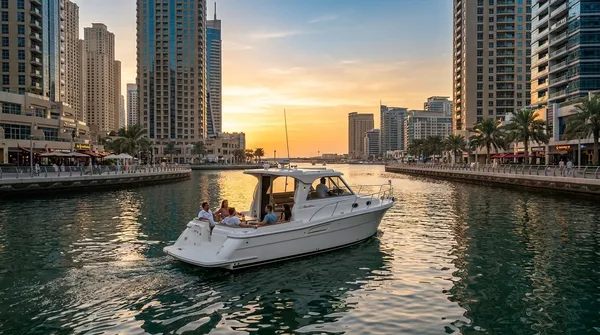 A small motor cruiser with friends on deck in the Dubai Marina canal at sunset