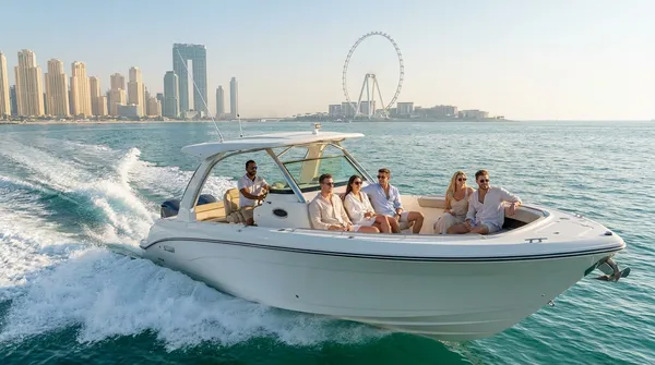 Friends on a white speedboat with a hard top off JBR, with Ain Dubai behind