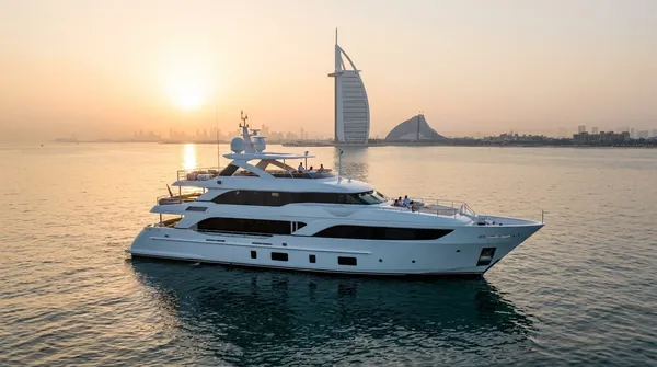 A large white superyacht off Dubai at golden hour, the Burj Al Arab behind