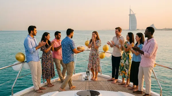 Friends bring a birthday cake to the birthday girl on a yacht deck, Burj Al Arab in the distance