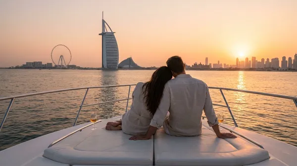 Couple on the bow of a yacht at sunset, looking towards the Burj Al Arab and Ain Dubai