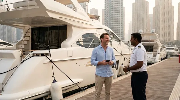 A yacht owner talking with the captain on the pontoon next to a moored motor yacht in a Dubai marina
