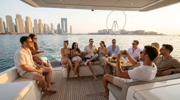 Friends at a sunset party on the aft deck of a yacht off Dubai Marina, with JBR and Ain Dubai behind