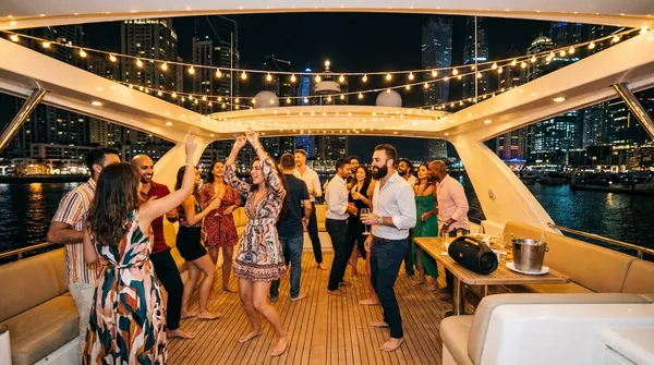 Friends dancing under string lights on a yacht at night in Dubai Marina
