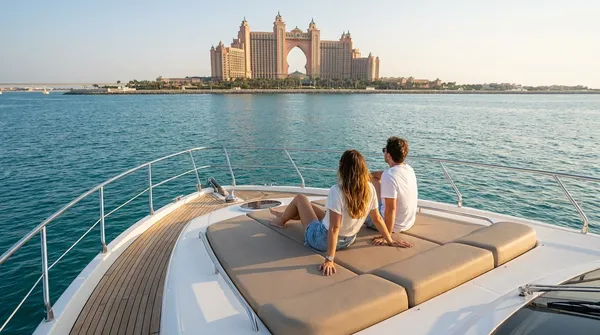 A couple on the foredeck of a yacht looking at Atlantis The Palm across the water